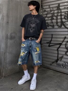 AHP Distressed Patchwork Denim Shorts Size 42 Raw Hem Streetwear Y2K Grunge